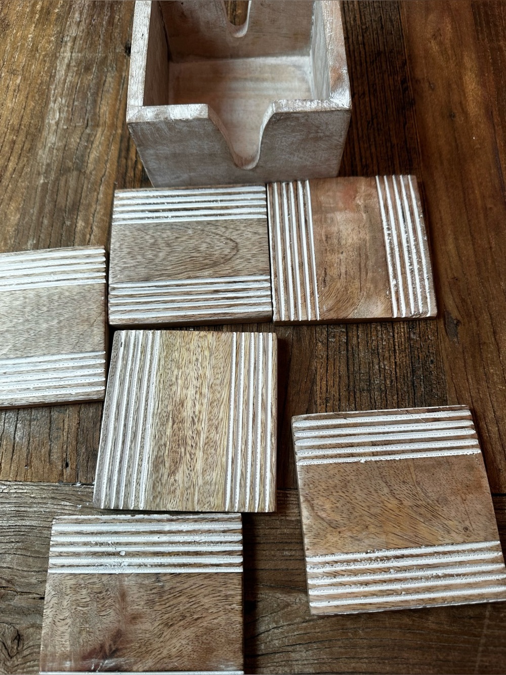 Wooden Square Coasters with White Groove Detail - Set of 6